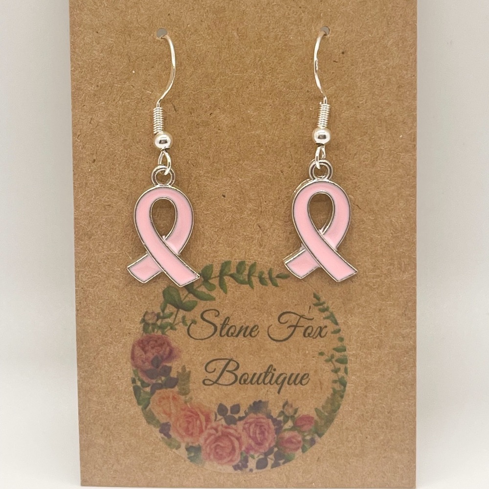 .925 Sterling Silver Hook Wire Earrings with Breast Cancer Ribbon Novelty Charms